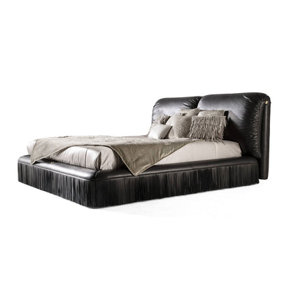 Black Leather Upholstered Bed with Fringe Skirt, Luxury Soft Double Cushion Headboard Platform Bed