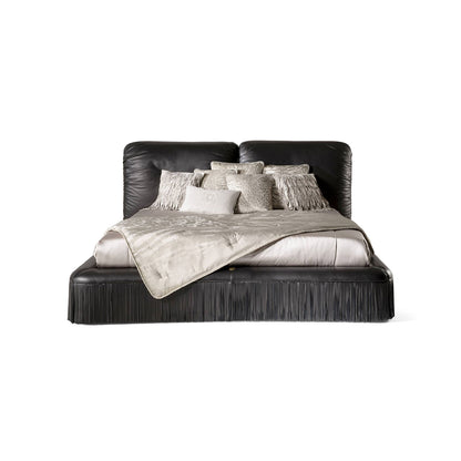 Black Leather Upholstered Bed with Fringe Skirt, Luxury Soft Double Cushion Headboard Platform Bed