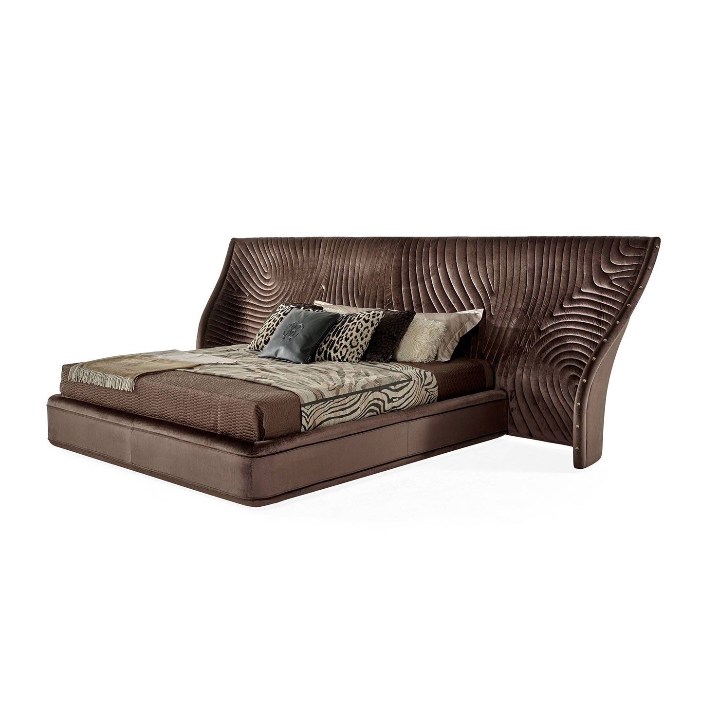 Brown Velvet Oversized Wing Headboard Bed, 3D Wave Texture Luxury Upholstered Platform Bed