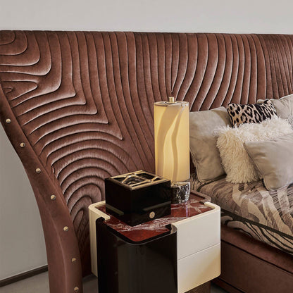 Brown Velvet Oversized Wing Headboard Bed, 3D Wave Texture Luxury Upholstered Platform Bed