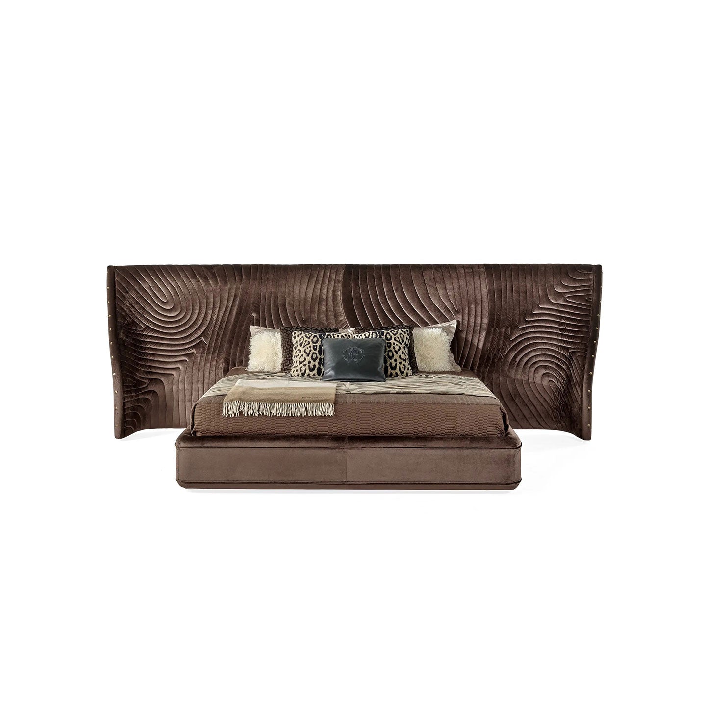 Brown Velvet Oversized Wing Headboard Bed, 3D Wave Texture Luxury Upholstered Platform Bed