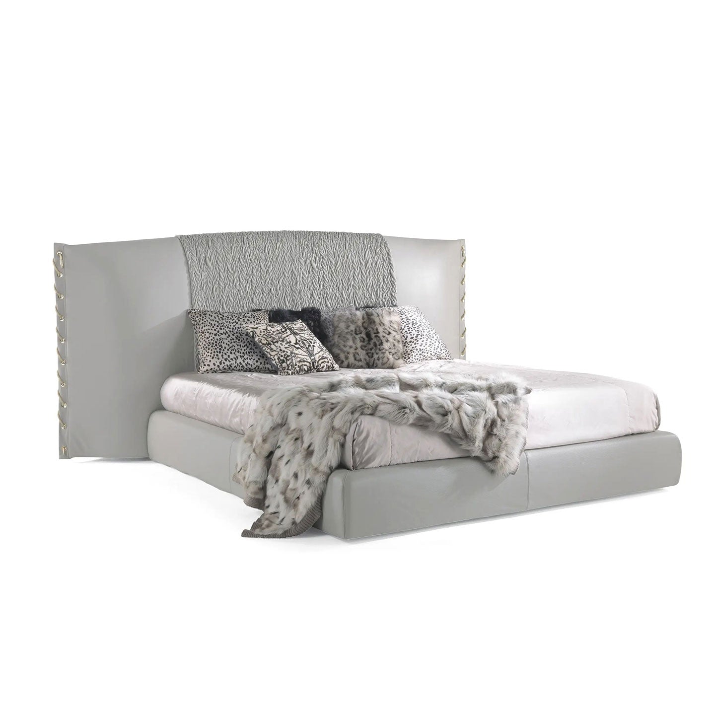 Grey Wingback Upholstered Bed, Textured Panel Luxury Rivet Detail Platform Bed