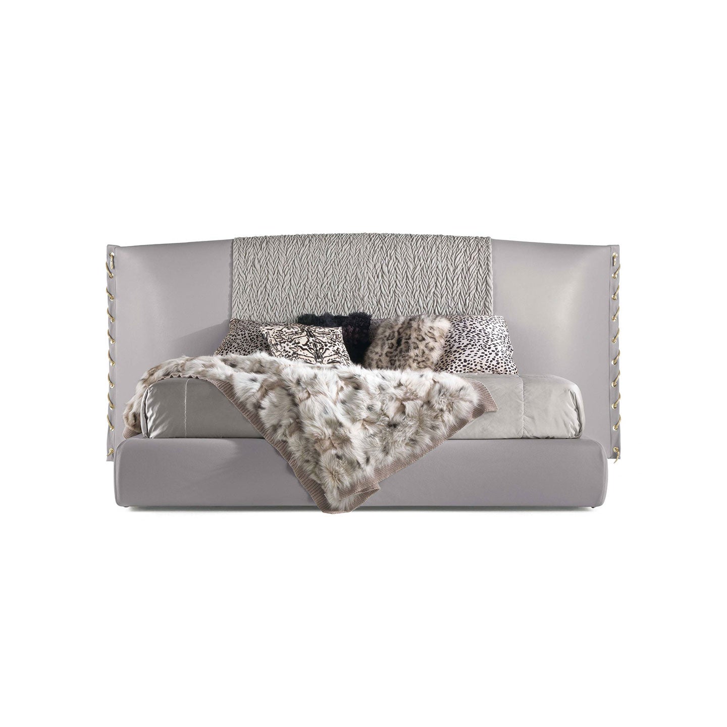 Grey Wingback Upholstered Bed, Textured Panel Luxury Rivet Detail Platform Bed