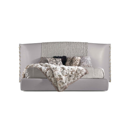 Grey Wingback Upholstered Bed, Textured Panel Luxury Rivet Detail Platform Bed