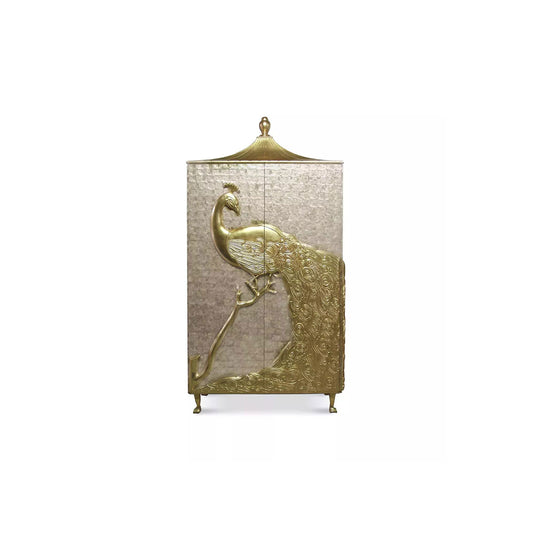 Embossed Gold Peacock Tall Display Cabinet Pagoda Top Capiz Shell Luxury Storage Armoire