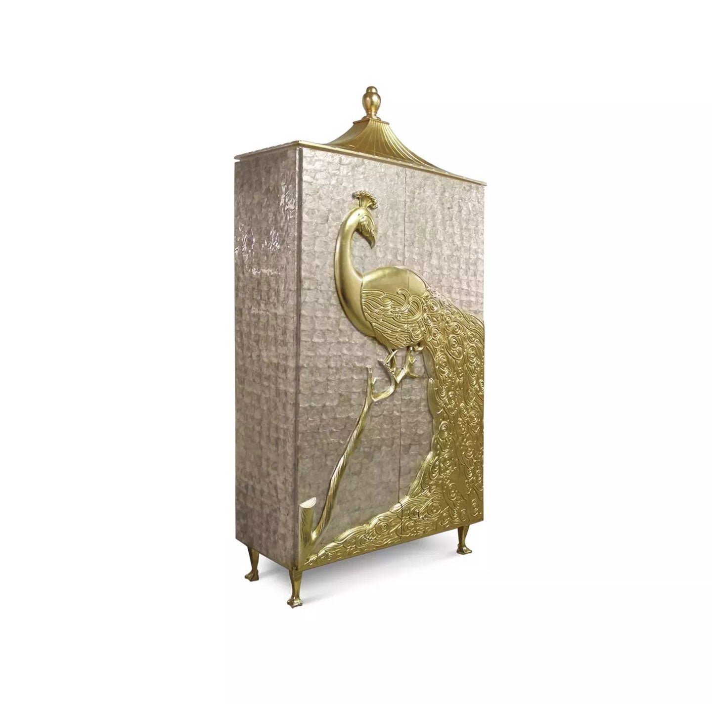 Embossed Gold Peacock Tall Display Cabinet Pagoda Top Capiz Shell Luxury Storage Armoire