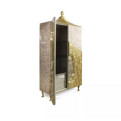 Embossed Gold Peacock Tall Display Cabinet Pagoda Top Capiz Shell Luxury Storage Armoire