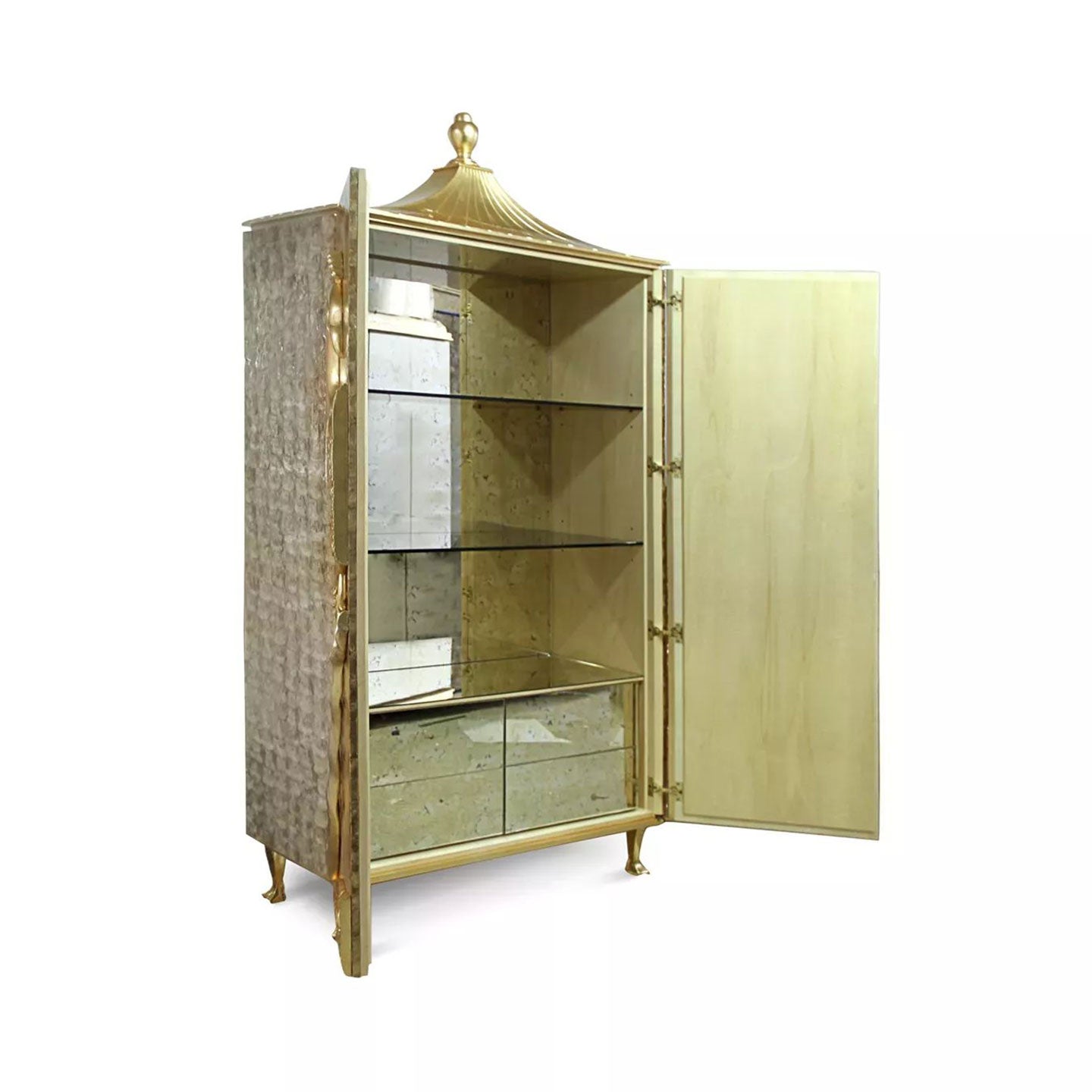 Embossed Gold Peacock Tall Display Cabinet Pagoda Top Capiz Shell Luxury Storage Armoire
