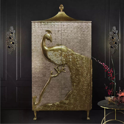 Embossed Gold Peacock Tall Display Cabinet Pagoda Top Capiz Shell Luxury Storage Armoire