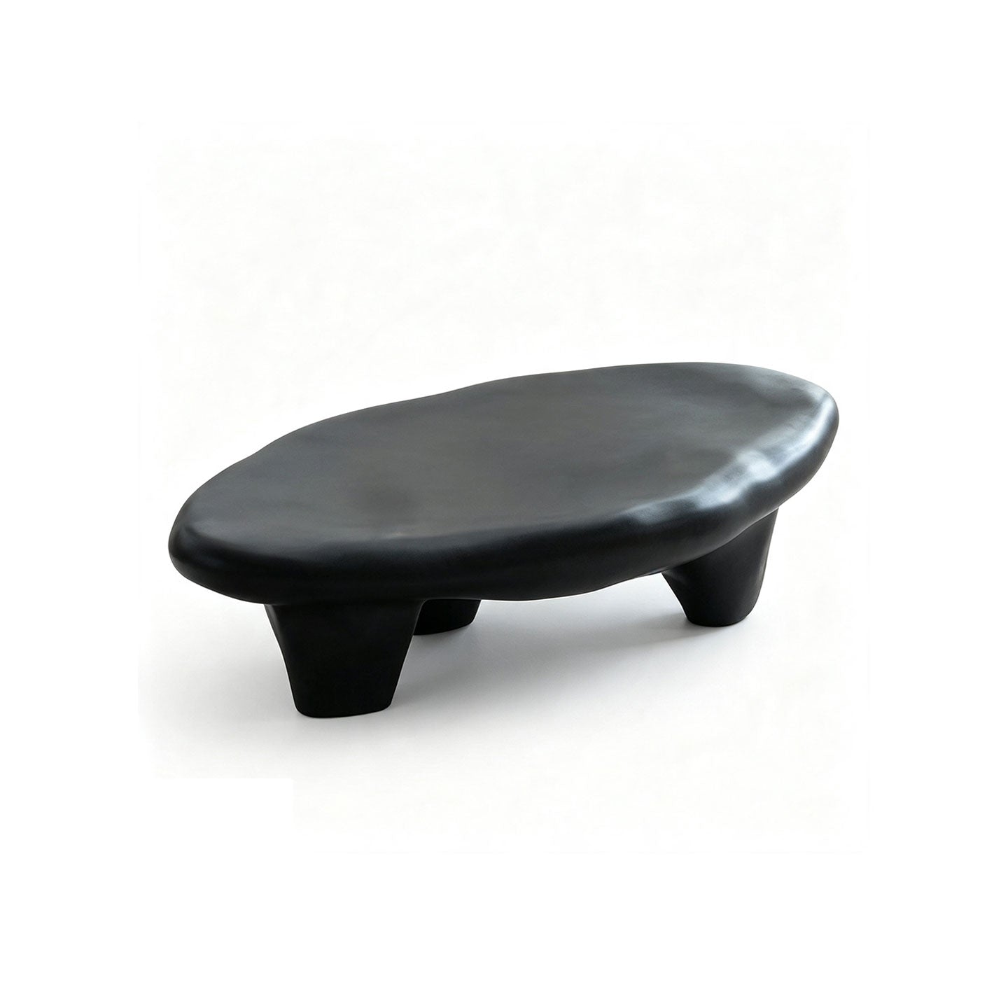 Organic Pebble Shape Black Coffee Table, Wabi Sabi Irregular Curved Solid Sculpture Center Table