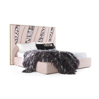 Blush Pink Velvet Upholstered Bed, Leopard Print Inlaid Vertical Channel Headboard Platform Bed