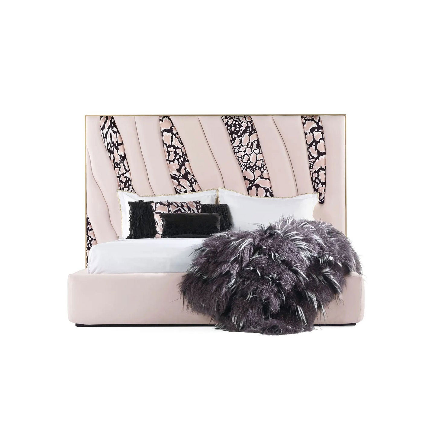 Blush Pink Velvet Upholstered Bed, Leopard Print Inlaid Vertical Channel Headboard Platform Bed