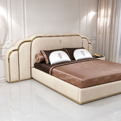 Cream Suede Upholstered Bed with Gold Metal Trim, Curved Wing Luxury Designer Platform Bed Frame