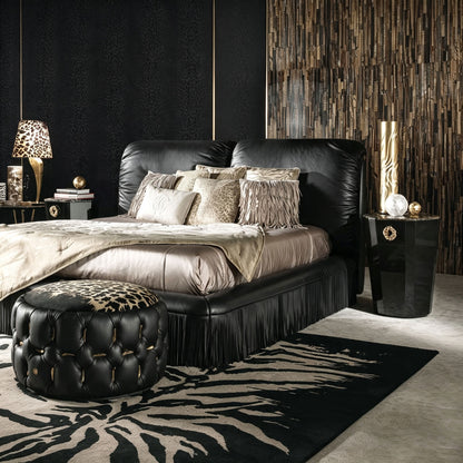 Black Leather Upholstered Bed with Fringe Skirt, Luxury Soft Double Cushion Headboard Platform Bed
