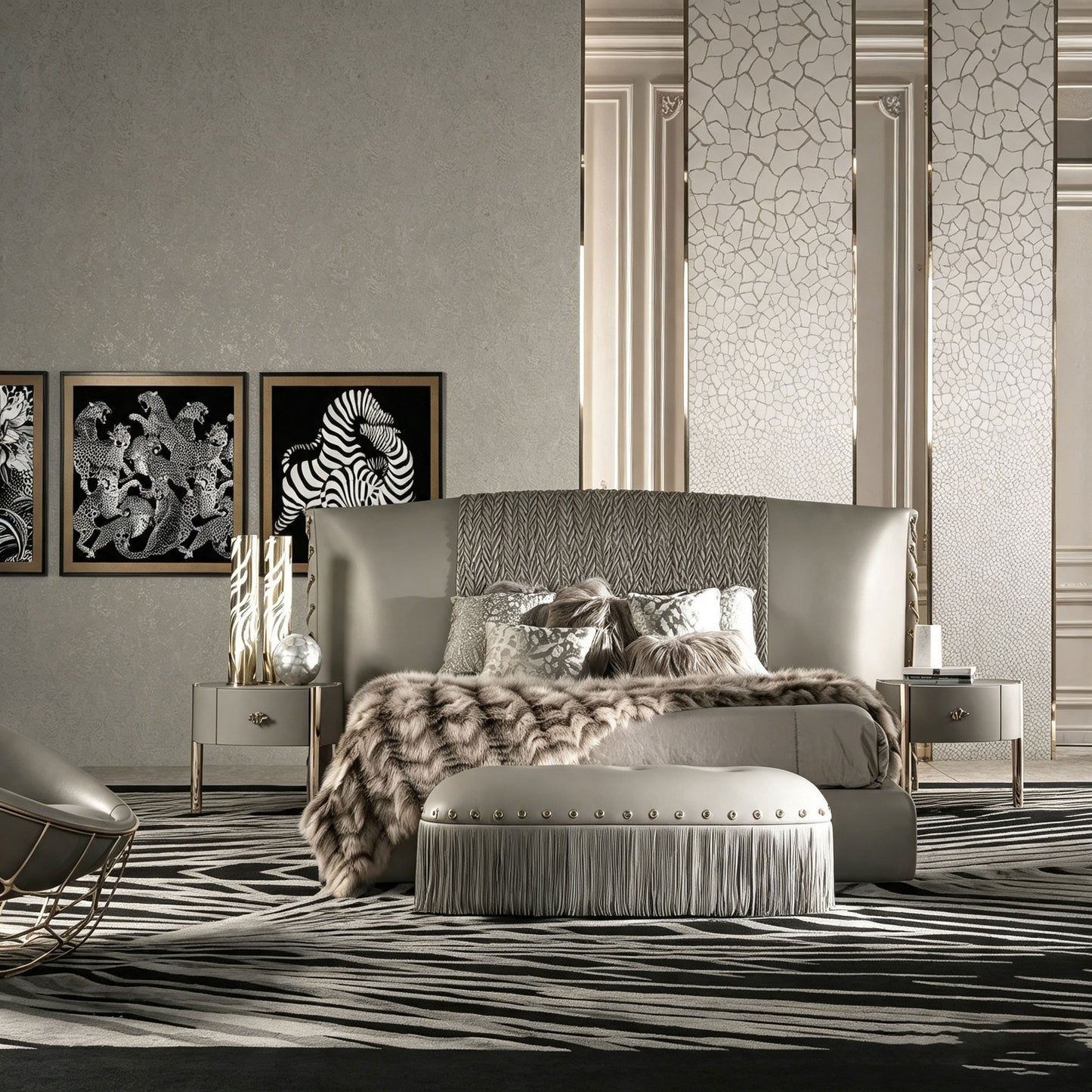 Grey Wingback Upholstered Bed, Textured Panel Luxury Rivet Detail Platform Bed