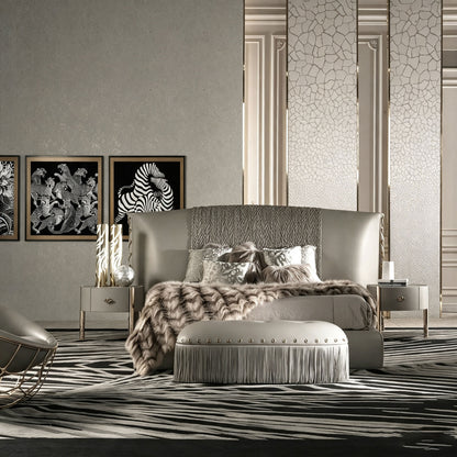 Grey Wingback Upholstered Bed, Textured Panel Luxury Rivet Detail Platform Bed