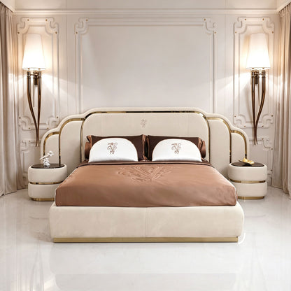 Cream Suede Upholstered Bed with Gold Metal Trim, Curved Wing Luxury Designer Platform Bed Frame