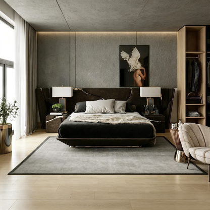 Dark Suede Wing Upholstered Bed with Gold Inlay, Luxury Modern Floating Bed