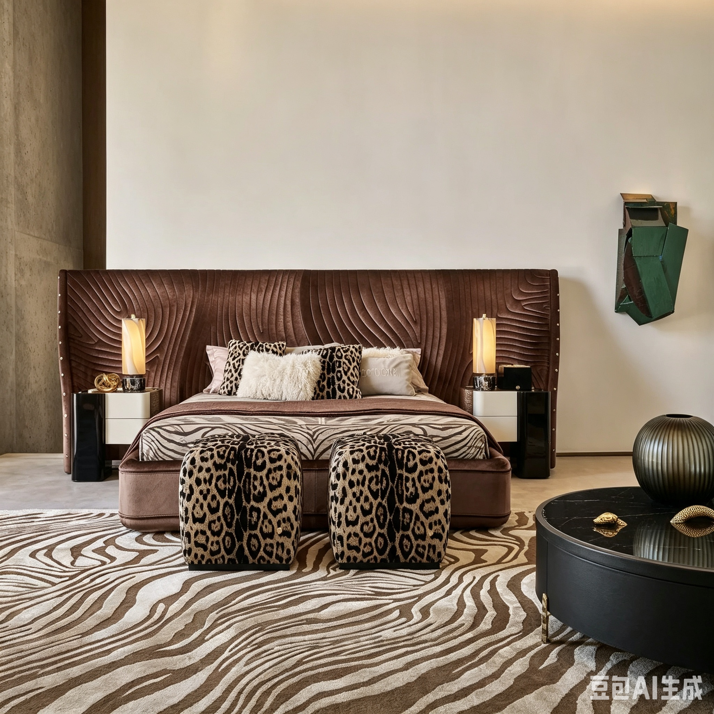 Brown Velvet Oversized Wing Headboard Bed, 3D Wave Texture Luxury Upholstered Platform Bed