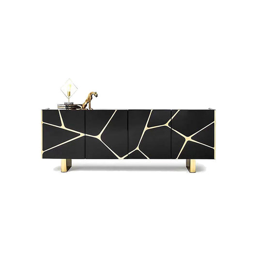 Black Lacquer Kintsugi Gold Inlay Sideboard, Modern Geometric Luxury Storage Credenza