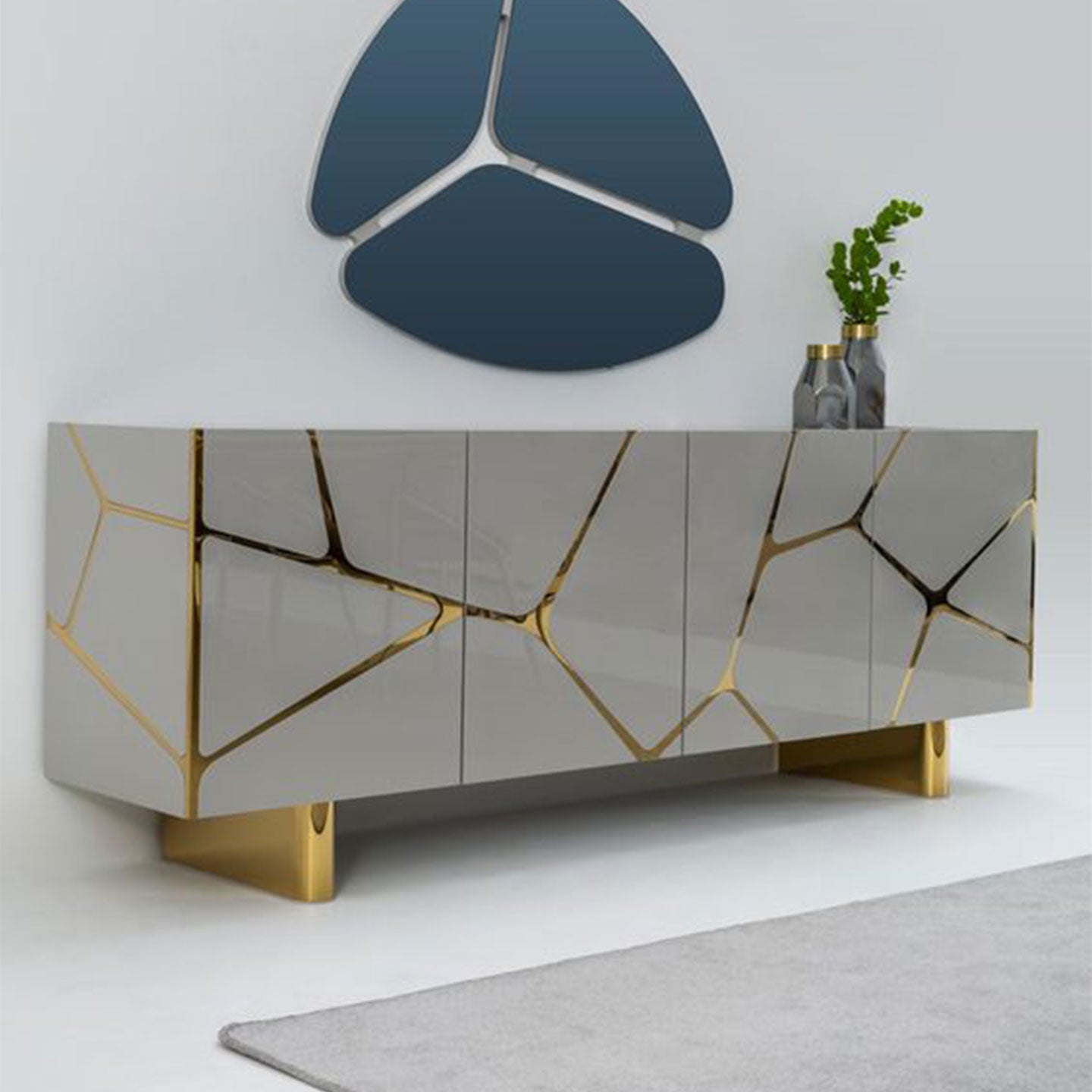 Black Lacquer Kintsugi Gold Inlay Sideboard, Modern Geometric Luxury Storage Credenza