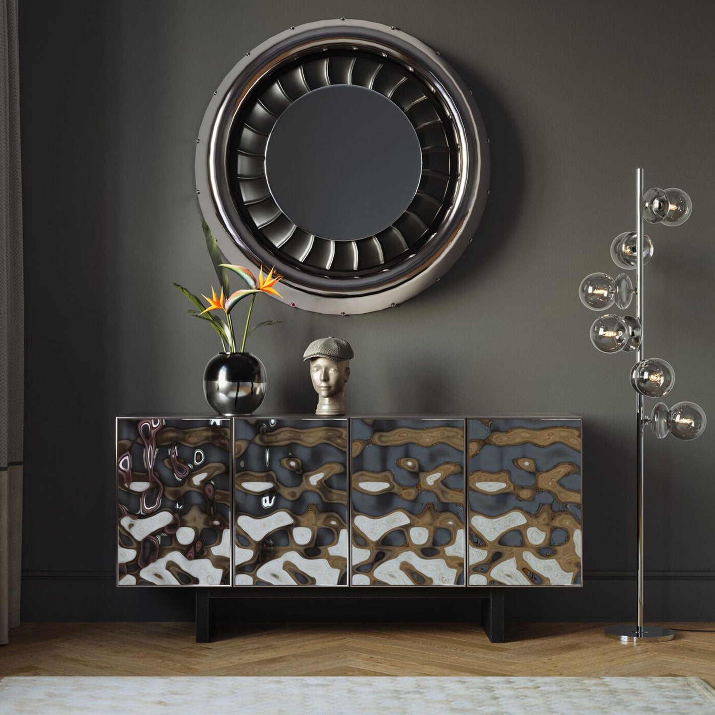Textured Hammered Silver Metal Sideboard 4 Door Modern Luxury Buffet Cabinet