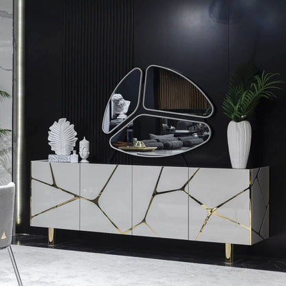Black Lacquer Kintsugi Gold Inlay Sideboard, Modern Geometric Luxury Storage Credenza
