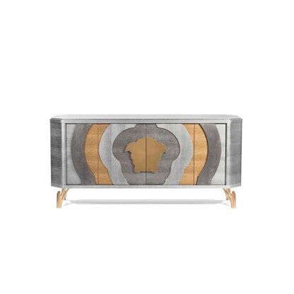 Wood Medusa Head Inlay Sideboard, Curved Luxury Gold Leg Storage Credenza