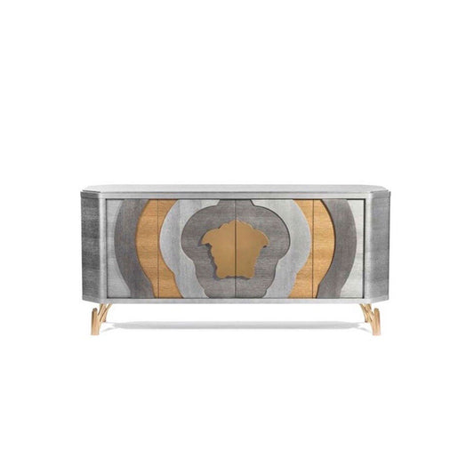 Wood Medusa Head Inlay Sideboard, Curved Luxury Gold Leg Storage Credenza