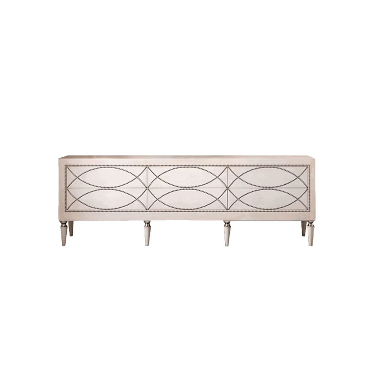 White Geometric Nailhead Trim Sideboard Cabinet