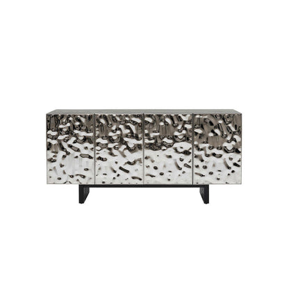 Textured Hammered Silver Metal Sideboard 4 Door Modern Luxury Buffet Cabinet