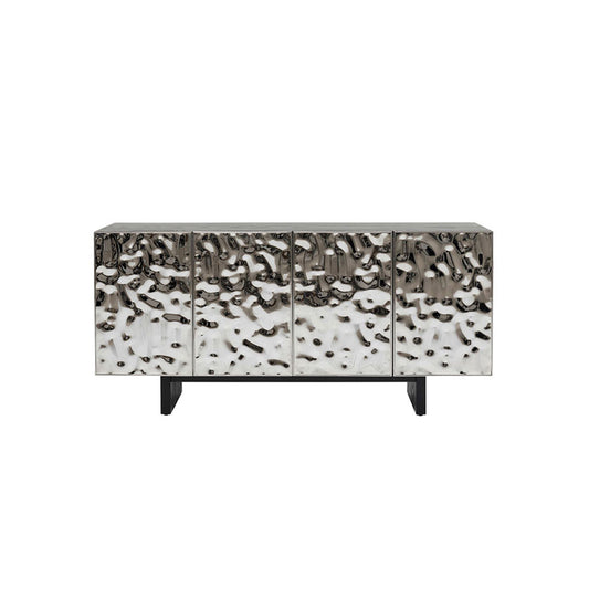 Textured Hammered Silver Metal Sideboard 4 Door Modern Luxury Buffet Cabinet