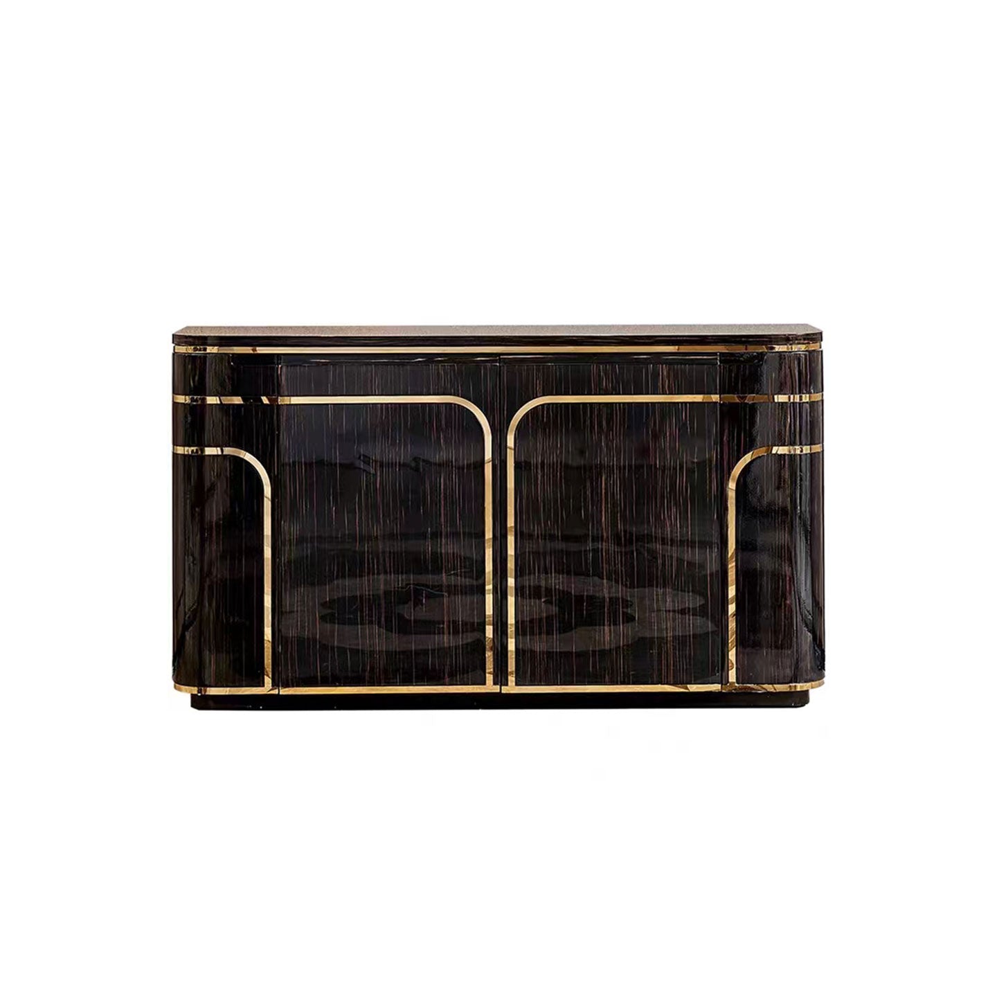 Dark Wood Gold Inlay Hotel Salon Reception Cabinet, Curved Luxury Spa Storage Sideboard