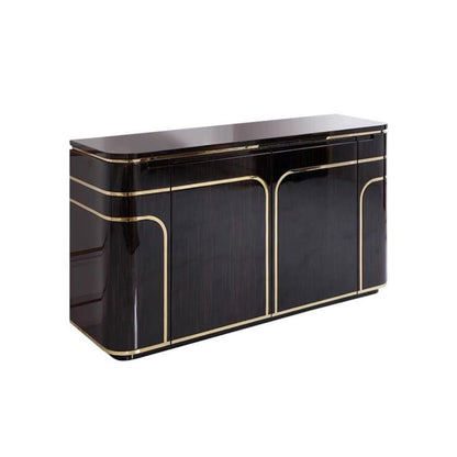 Dark Wood Gold Inlay Hotel Salon Reception Cabinet, Curved Luxury Spa Storage Sideboard