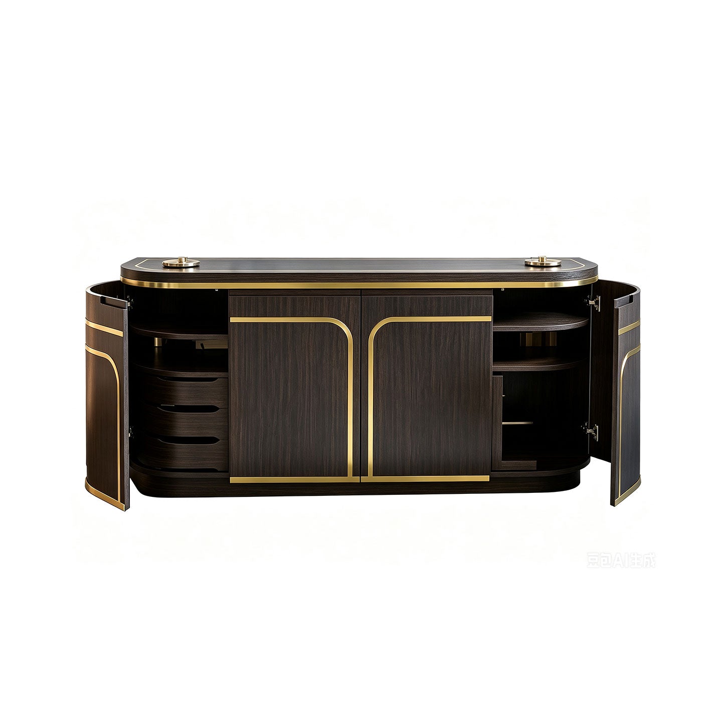 Dark Wood Gold Inlay Hotel Salon Reception Cabinet, Curved Luxury Spa Storage Sideboard
