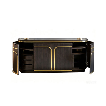 Dark Wood Gold Inlay Hotel Salon Reception Cabinet, Curved Luxury Spa Storage Sideboard