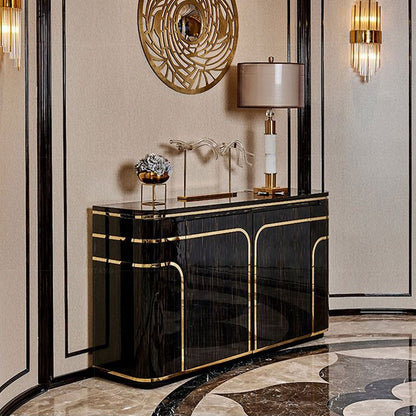 Dark Wood Gold Inlay Hotel Salon Reception Cabinet, Curved Luxury Spa Storage Sideboard