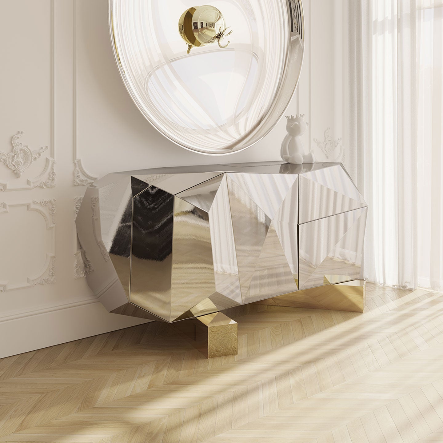 Luxury Silver Diamond Faceted Mirrored Sideboard