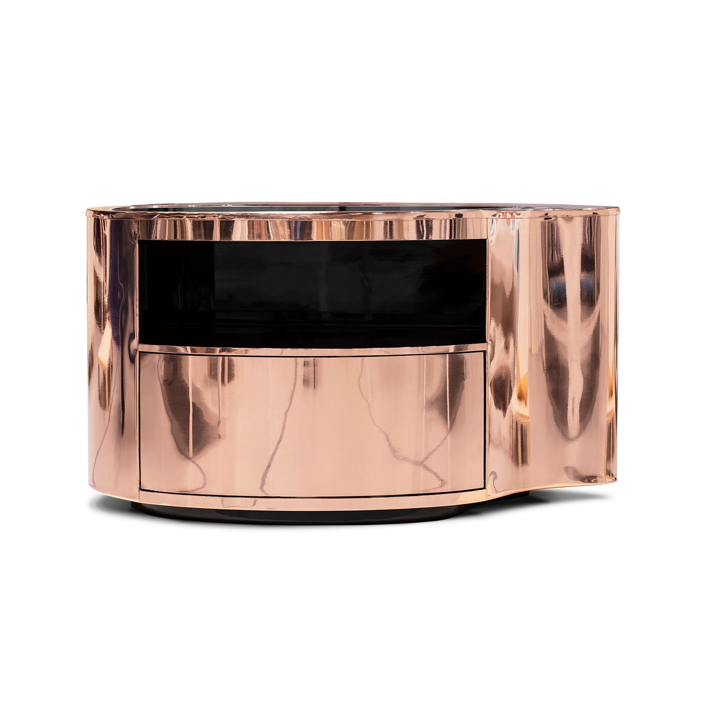 Rose gold stainless steel bedside table with a curved design, perfect for a luxurious bedroom.