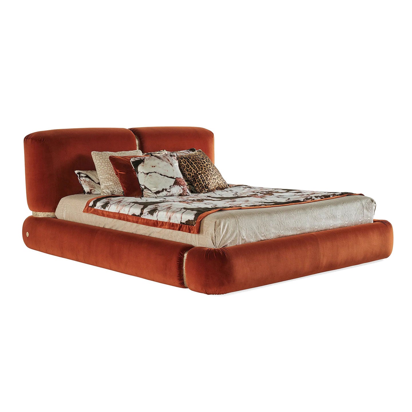 Orange Velvet Upholstered Platform Bed, Curved Padded Double Headboard Luxury Bed