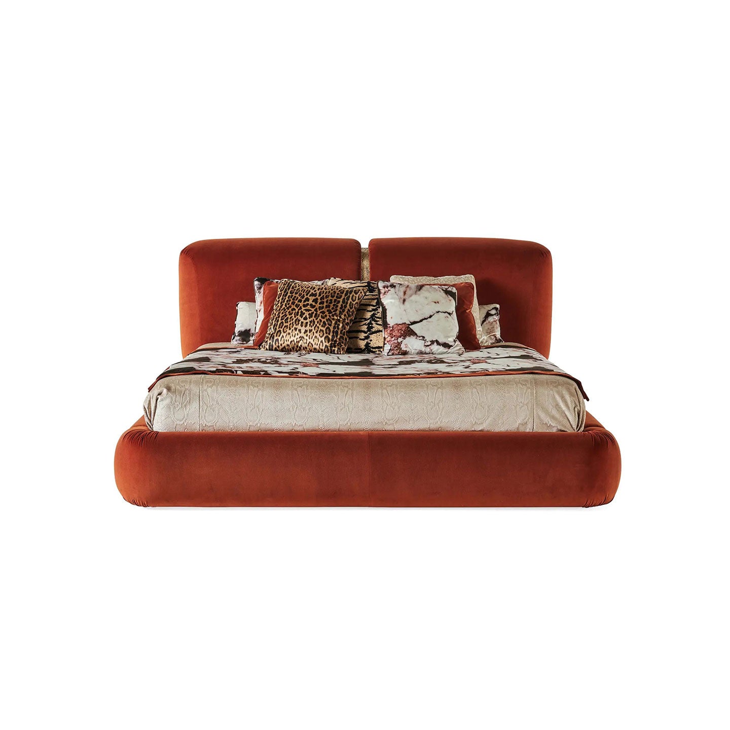 Orange Velvet Upholstered Platform Bed, Curved Padded Double Headboard Luxury Bed