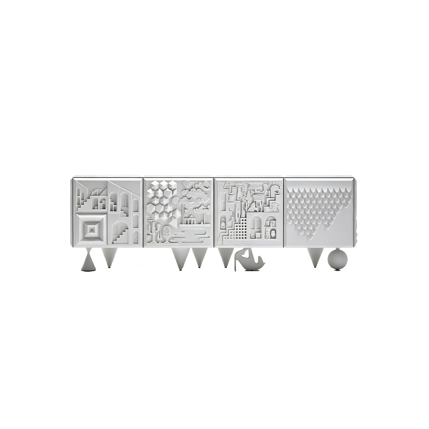 3D Relief Sculptural White Sideboard, Abstract Geometric Embossed Art Storage Credenza