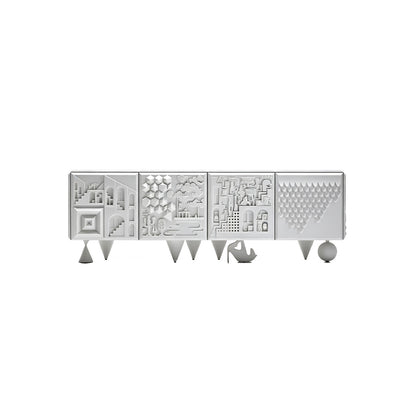 3D Relief Sculptural White Sideboard, Abstract Geometric Embossed Art Storage Credenza