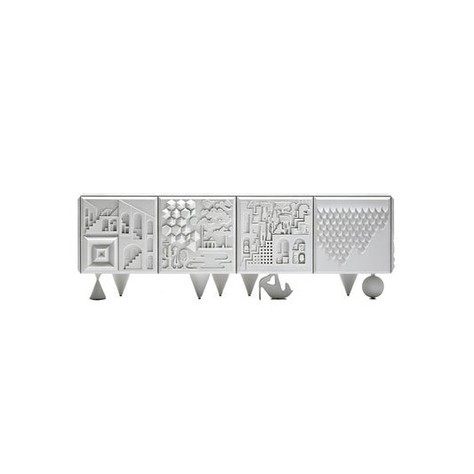 3D Relief Sculptural White Sideboard, Abstract Geometric Embossed Art Storage Credenza