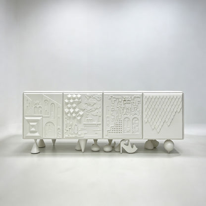 3D Relief Sculptural White Sideboard, Abstract Geometric Embossed Art Storage Credenza
