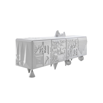 3D Relief Sculptural White Sideboard, Abstract Geometric Embossed Art Storage Credenza