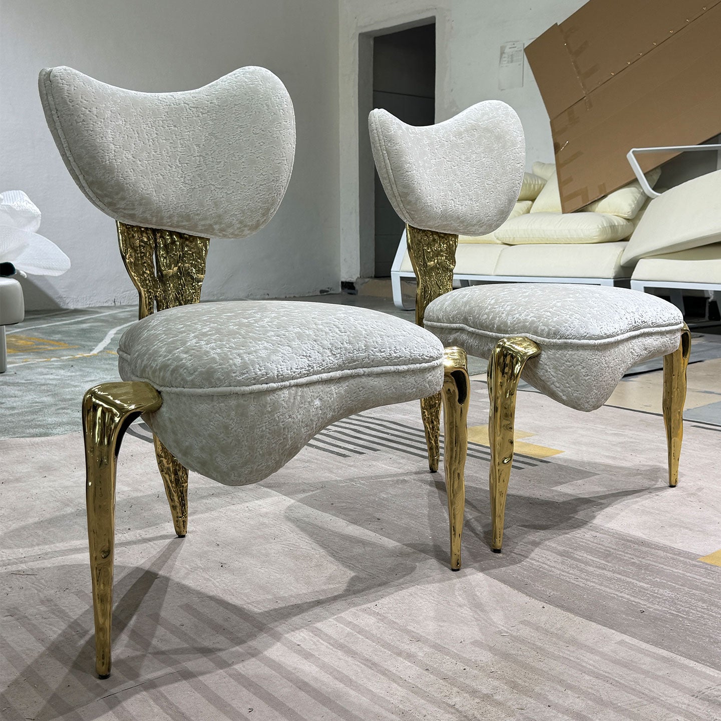 Sculptural Irregular Brass Leg Dining Chair Custom Fabric Color Upholstered Accent Chair