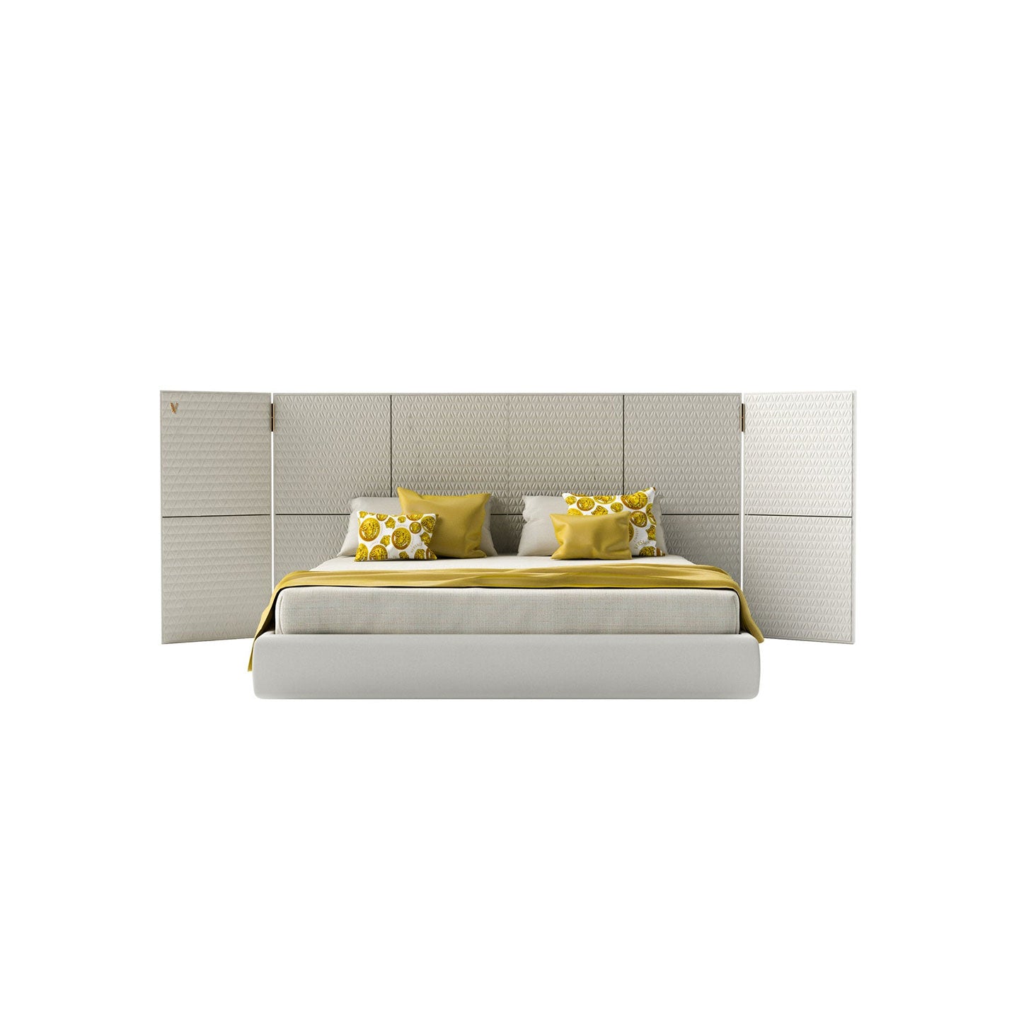 Large Panel Textured Upholstered Bed, Extended Wing Embossed Headboard Luxury Platform Bed Frame