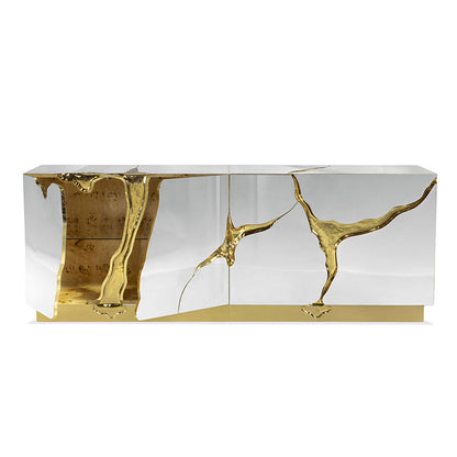Modern Art Deco Mirrored Gold Karst Pattern Sideboard Cabinet