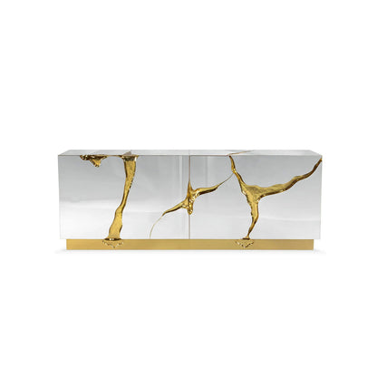 Modern Art Deco Mirrored Gold Karst Pattern Sideboard Cabinet